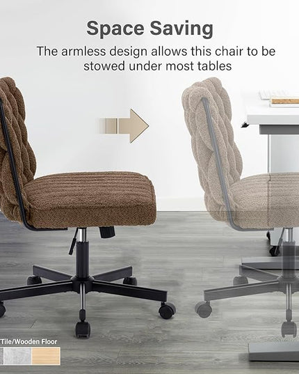 Criss Cross Legged Office Desk Chair with Wheels, Modern Armless Desk Chair with Wide Seat, Home Office Chair for Work, Meditation, Vanity, Brown - LeafyLoom