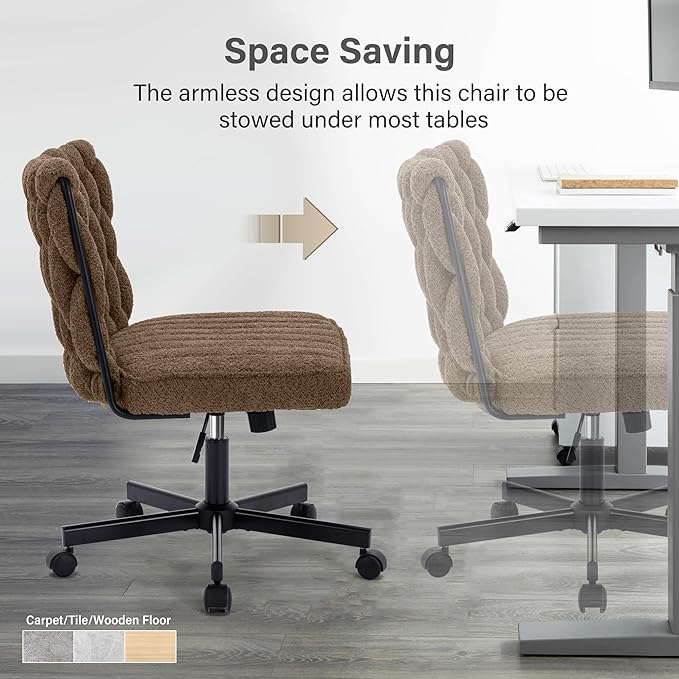 Criss Cross Legged Office Desk Chair with Wheels, Modern Armless Desk Chair with Wide Seat, Home Office Chair for Work, Meditation, Vanity, Brown - LeafyLoom