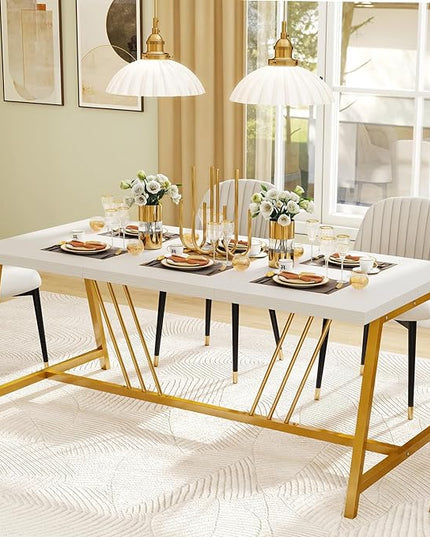 YITAHOME 70.9 Inch Large White Dining Table for 6-8 People, Modern Farmhouse Kitchen Dinner Table with Gold Geometric Metal Legs, Rectangular Wood Dining Room Dinette Table for Kitchen, Living Room - LeafyLoom