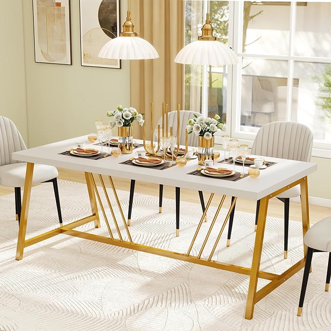 YITAHOME 70.9 Inch Large White Dining Table for 6-8 People, Modern Farmhouse Kitchen Dinner Table with Gold Geometric Metal Legs, Rectangular Wood Dining Room Dinette Table for Kitchen, Living Room - LeafyLoom