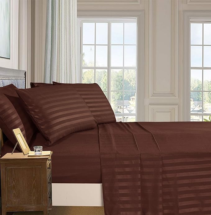 Elegant Comfort Softest and Coziest 6-Piece Sheet Set - 1500 Premium Hotel Quality Microfiber -Luxurious Wrinkle Resistant 6-Piece Damask Stripe Bed Sheet Set, California King, Chocolate Brown - LeafyLoom