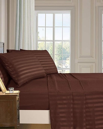 Elegant Comfort Best, Softest, Coziest 6-Piece Sheet Sets! - 1500 Premier Hotel Quality Luxurious Wrinkle Resistant 6-Piece DAMASK STRIPE Bed Sheet Set, King Chocolate Brown - LeafyLoom