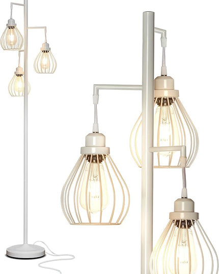 Brightech Teardrop LED Floor Lamp – Tree Standing Lamp with 3 Elegant Cage Heads & Edison Bulbs – Standing Lamp for Living Rooms & Offices – Tall Standing Lamp Ideal for Bedroom Reading – Alpine White - LeafyLoom