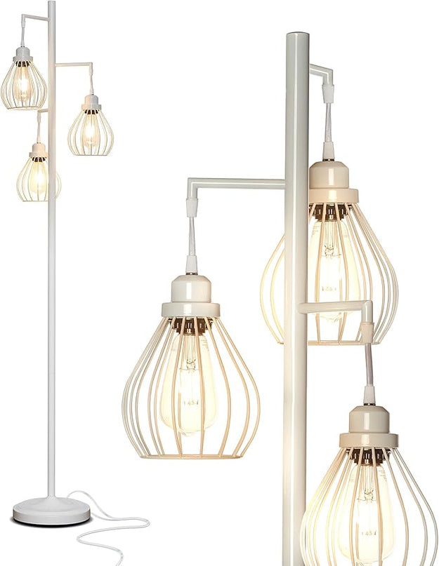 Brightech Teardrop LED Floor Lamp – Tree Standing Lamp with 3 Elegant Cage Heads & Edison Bulbs – Standing Lamp for Living Rooms & Offices – Tall Standing Lamp Ideal for Bedroom Reading – Alpine White - LeafyLoom