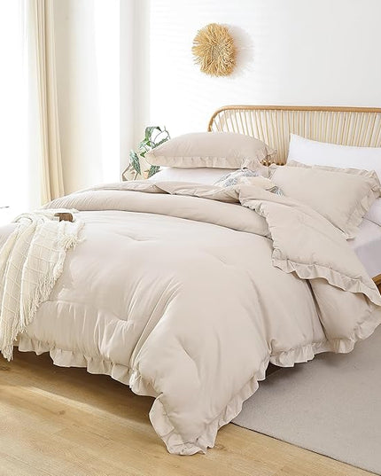 JANZAA Queen Size Comforter Beige Ruffle Comforter Set for Queen Bed 3PCS (1 Off White Comforter and 2 Pillowcases) Vintage Shabby Chic Bedding Soft Fluffy Bed Set for All Season - LeafyLoom