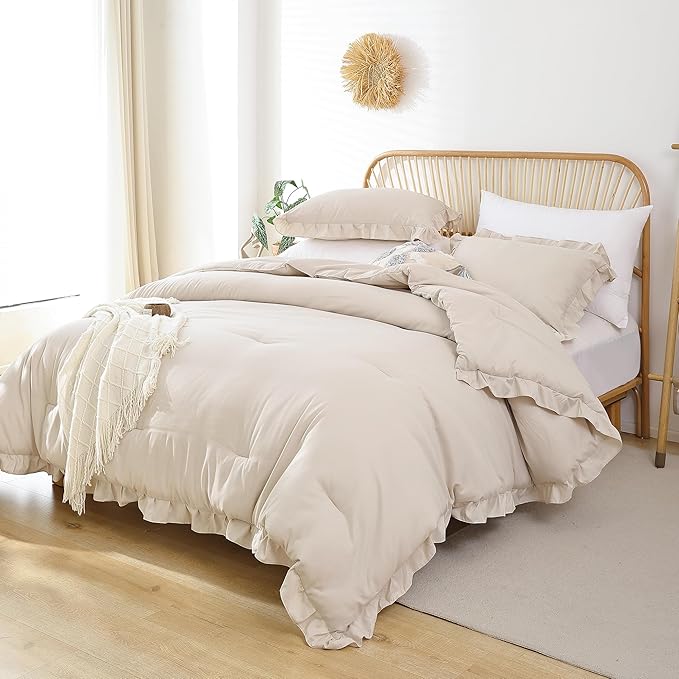 JANZAA King Size Comforter Set Beige Ruffle Comforter 3PCS Soft Fluffy Boho Comforter Vintage Farmhouse Bed Set Shabby Chic Bedding with 2 Pillowcases for All Season - LeafyLoom
