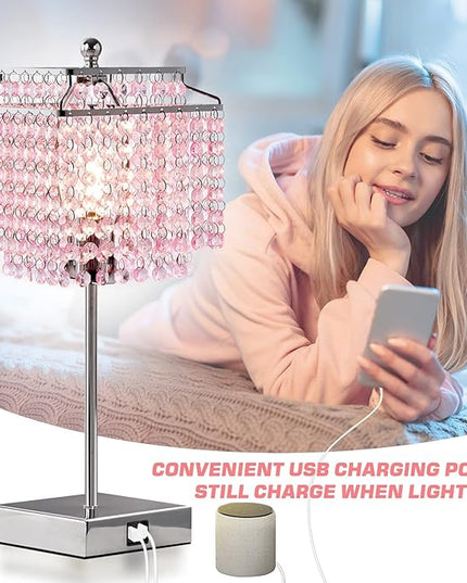 Luvkczc Pink Bedside Crystal Table Lamp, Touch Control Crystal Lamps with USB C+A Ports, 3-Way Dimmable Lamp with Crystal Shade for Girl Bedroom, Living Room, 6W B11 Bulb Included - LeafyLoom