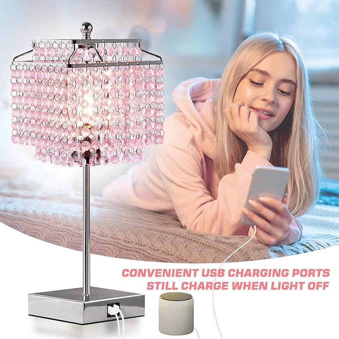 Luvkczc Set of 2 Bedside Pink Crystal Table Lamp, Touch Control Crystal Lamp, 3-Way Dimmable Lamp with Crystal Shade for Bedroom, Girl Living Room, 6W B11 Bulb Included - LeafyLoom