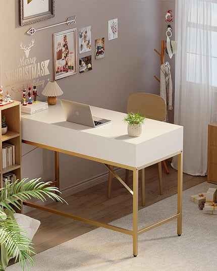SUPERJARE Vanity Desk with Drawers, 47 inch Computer Desk, Modern Simple Home Office Desks, Makeup Dressing Table for Bedroom - White and Gold - LeafyLoom