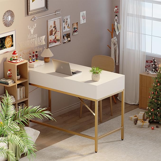 SUPERJARE Vanity Desk with Drawers, 47 inch Computer Desk, Modern Simple Home Office Desks, Makeup Dressing Table for Bedroom - White and Gold - LeafyLoom