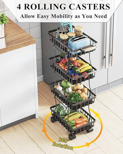 Wisdom Star 4 Tier Fruit Vegetable Basket for Kitchen, Storage Cart, Vegetable Basket Bins, Wire Storage Organizer Utility Cart with Wheels, Medium, Black - LeafyLoom