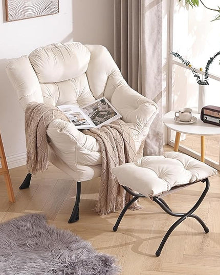 Welnow Lazy Chair with Ottoman, Modern Lounge Accent Armrests and a Side Pocket, Leisure Upholstered Sofa Set, Reading Footrest for Small Space, Corner Chair, Beige - LeafyLoom
