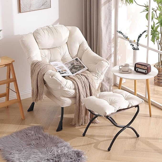 Welnow Lazy Chair with Ottoman, Modern Lounge Accent Armrests and a Side Pocket, Leisure Upholstered Sofa Set, Reading Footrest for Small Space, Corner Chair, Beige - LeafyLoom