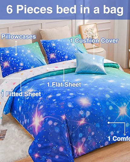 A Nice Night 6Pcs Gradient Glitter Bedding Set for Girls, Colorful Rainbow Galaxy Comforter Set, Ultra Soft Bedding Sets (Blue-Green,Queen 6Pcs) - LeafyLoom