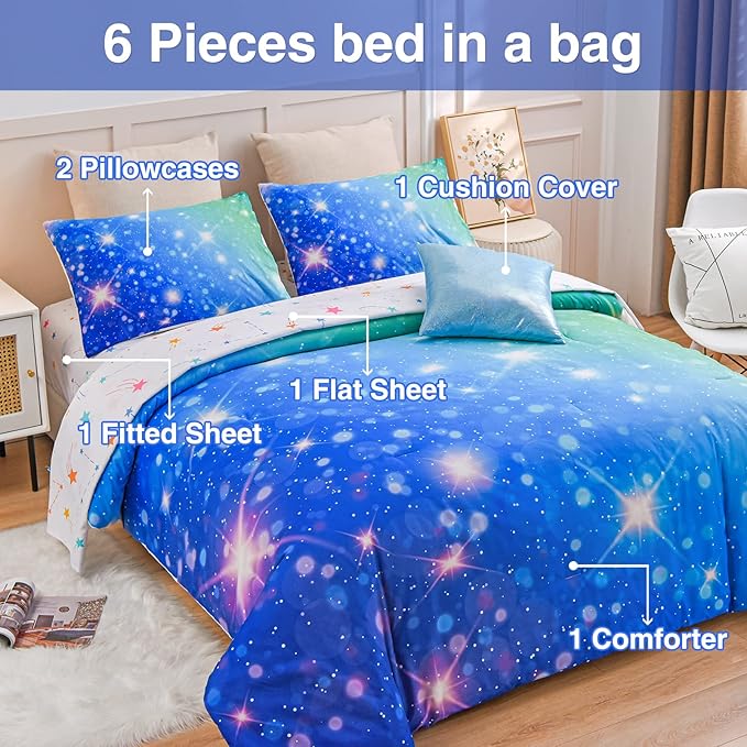 A Nice Night 6Pcs Gradient Glitter Bedding Set for Girls, Colorful Rainbow Galaxy Comforter Set, Ultra Soft Bedding Sets (Blue-Green,Twin 6Pcs) - LeafyLoom