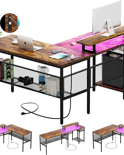 L Shaped Computer Desk, Reversible Office Desk with Magic Power Outlet and Smart LED Light, Sturdy Corner Desk with Monitor Stand, Cool Gaming Table, Attractive Grid Design, Rustic Brown - LeafyLoom