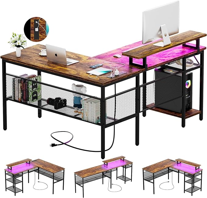 L Shaped Computer Desk, Reversible Office Desk with Magic Power Outlet and Smart LED Light, Sturdy Corner Desk with Monitor Stand, Cool Gaming Table, Attractive Grid Design, Rustic Brown - LeafyLoom