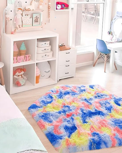 junovo Ultra Soft Hexagon Rug Fluffy Rainbow Nursery Rug for Princess Tent Kids Play Castle, Furry Hexagonal Carpet for Kids Girls Room Playhouse Classroom Dorm Home Decor, 4.6ft Tie-Dye Orange-Red - LeafyLoom