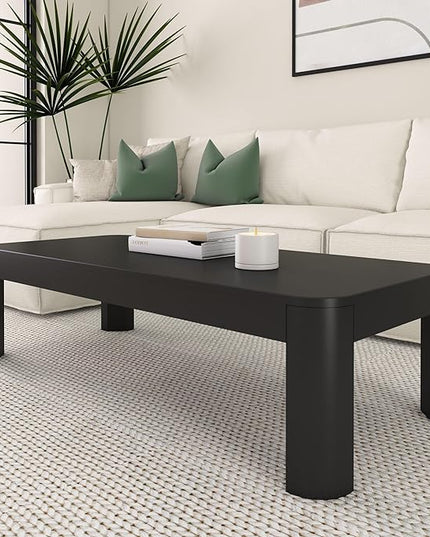 Plank+Beam Modern Rounded Coffee Table, 54 Inch, Solid Wood Contemporary Center Table for Living Room, Rectangle Tea Table, Black - LeafyLoom