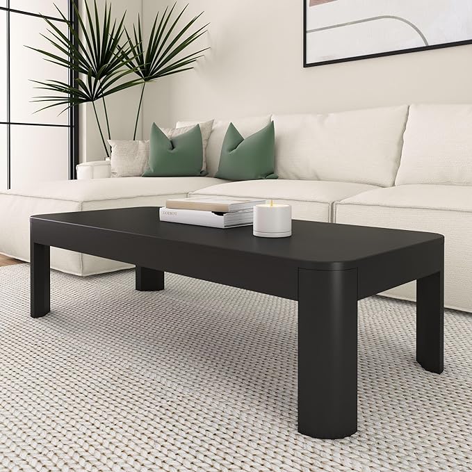 Plank+Beam Modern Rounded Coffee Table, 54 Inch, Solid Wood Contemporary Center Table for Living Room, Rectangle Tea Table, Black - LeafyLoom