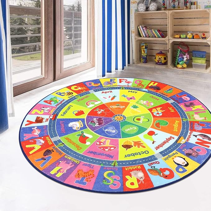 HEBE Kids Play Rug 4ft ABC Alphabet Numbers Shapes Educational Kid Area Rug Washable Baby Crawling Mat Non Slip Kid Play Mat Carpet for Girl Boy Bedroom Playroom - LeafyLoom