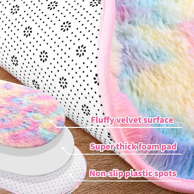 Noahas Oval Fluffy Rainbow Rug 2.6X5.3 Small Kids Rugs for Bedroom Girls And Boys Aesthetic,Bedside Bedroom Rug,Ultra Soft Runner Carpet Modern Shaggy Nursery Area Rugs Home Decor - LeafyLoom