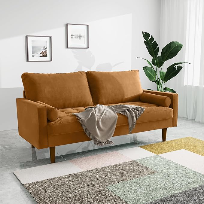 Velvet Furniture for Small Spaces, Mid-Century Modern Loveseats for Living Room, Love Seat Couch Sofas, 70 Inches, Ginger - LeafyLoom