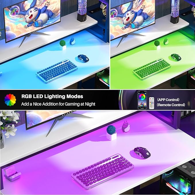 39.4'' Gaming Desk with LED and Storage Shelves, 39 Computer Desk with Long Monitor Stand, Small Desk for Small Space, Simple Study Student Writing Desk, Laptop Table for Home Office, White - LeafyLoom