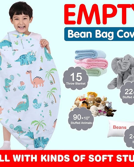 Lukeight Stuffed Animal Storage Bean Bag Chair Cover for Kids, Dinosaur Zipper Beanbag Chair Cover for Organizing Toddler & Kids' Rooms Plush Toys (Dinosaur Blue, X-Large) - LeafyLoom