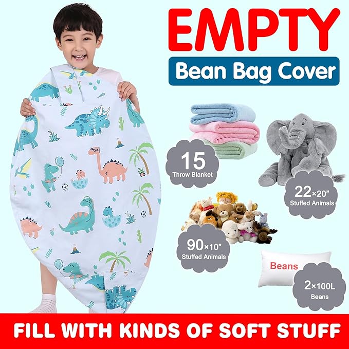 Lukeight Stuffed Animal Storage Bean Bag Chair Cover for Kids, Dinosaur Zipper Beanbag Chair Cover for Organizing Toddler & Kids' Rooms Plush Toys (Dinosaur Blue, X-Large) - LeafyLoom