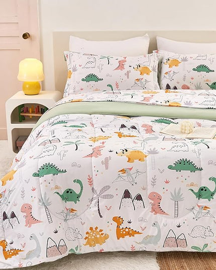 Dinosaur Kids Comforter Set for Boys Twin, Cute Reversible Quilted Dino Printed Bedding Set with Pillow Sham, Lightweight Soft Breathable Machine Washable Bed Set 2 Piece - LeafyLoom