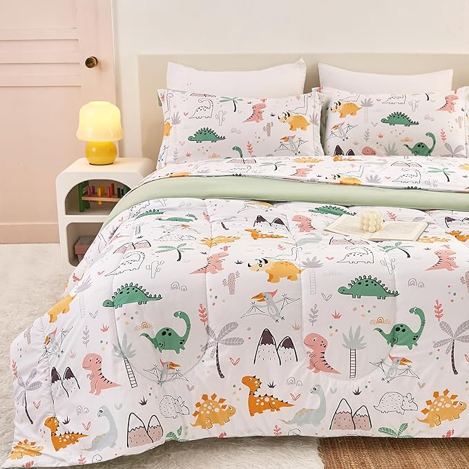 Dinosaur Kids Comforter Set for Boys Twin, Cute Reversible Quilted Dino Printed Bedding Set with Pillow Sham, Lightweight Soft Breathable Machine Washable Bed Set 2 Piece - LeafyLoom