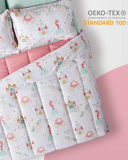 SLEEP ZONE Kids Bedding Comforter Set Full/Queen Size - Super Soft & Cute Printed 3-Piece Comforter Set All Seasons for Boys, Girls, Fade Resistant, Machine Washable, Princess Castle - LeafyLoom
