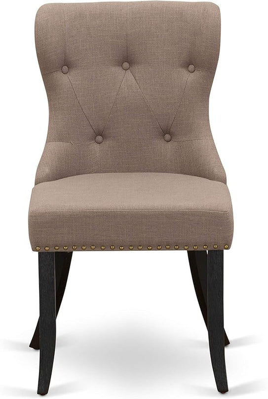 East West Furniture AMSI3-ABK-48 Antique 3 Piece Modern Set Contains a Round Kitchen Table with Pedestal and 2 Coffee Linen Fabric Parsons Dining Chairs, 36x36 Inch - LeafyLoom