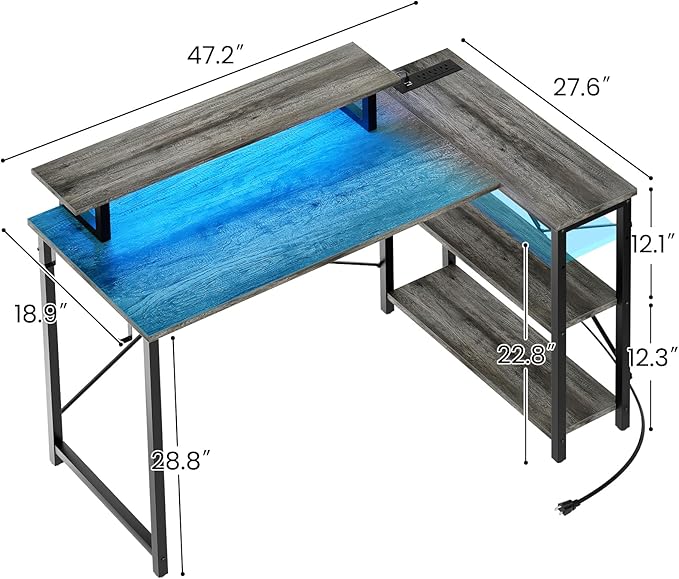 Homieasy L Shaped Gaming Desk with Power Outlet & LED Light, 47 Inch Computer Desk with Storage Shelves, Reversible Corner Desk with Monitor Stand Headset Hooks for Home Office, Black Oak - LeafyLoom