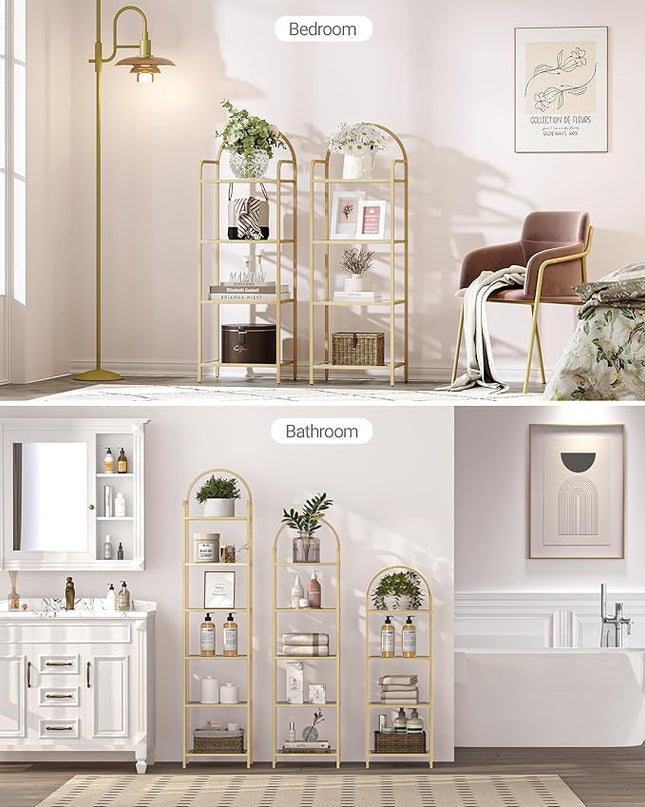 Bookcase Bookshelf, Tempered Glass Bookshelves, Slim Shelving Unit for Bedroom, Bathroom, Home Office, Steel Frame, 4 Tier Gold BC04001G - LeafyLoom