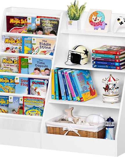 Lerliuo 4 Tier Kids Bookshelf and Storage Organizer, Five Layer Sling Children Bookcase, Baby Toddler Wooden Book Shelf, Display Cabinet for Playroom, Bedroom, Classroom, Nursery, School (White) - LeafyLoom