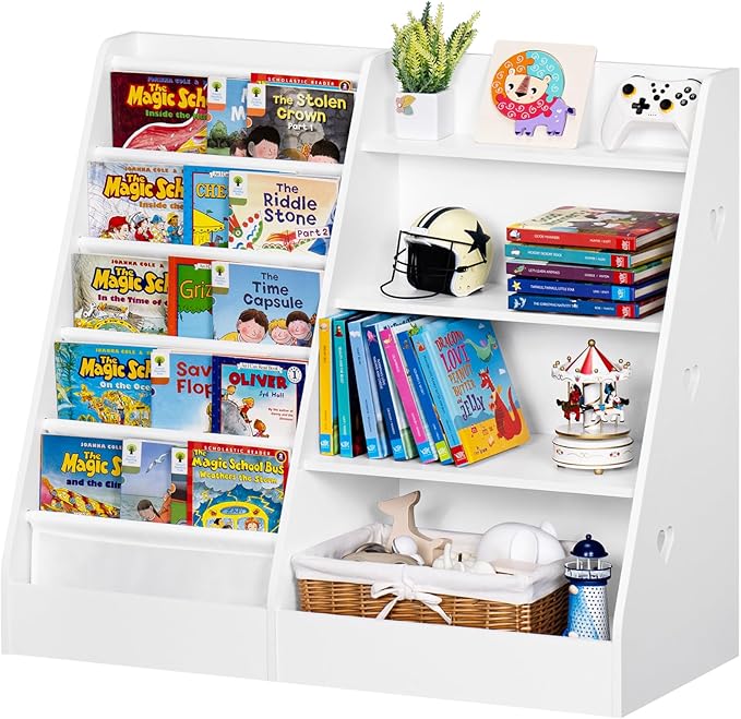Lerliuo 4 Tier Kids Bookshelf and Storage Organizer, Five Layer Sling Children Bookcase, Baby Toddler Wooden Book Shelf, Display Cabinet for Playroom, Bedroom, Classroom, Nursery, School (White) - LeafyLoom