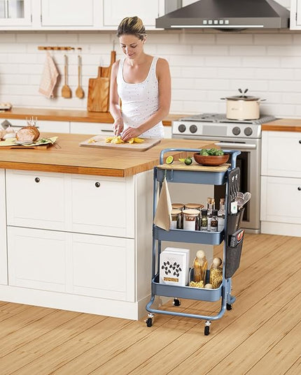 DTK 3 Tier Metal Utility Rolling Cart with Table Top and Side Bags, Metal Tray Storage Organizer Cart with Wheels, Art Craft Cart with 4 Hooks for Kitchen Bathroom Office Living Room (Blue) - LeafyLoom