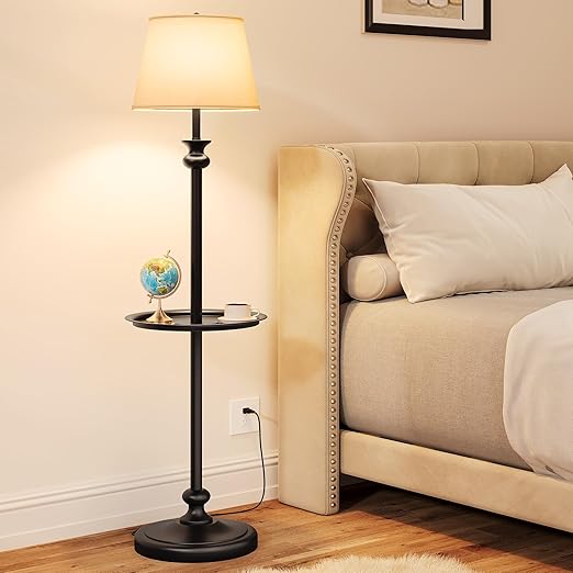 DWVO Floor Lamp with Tray, Retro Style 57'' Metal End Floor Lamp with Linen Shade, Weighted Base, and ON/OFF Rotary Switch for Bedroom, Living Room, Office, Study, Office (Bulbs not Included) - LeafyLoom