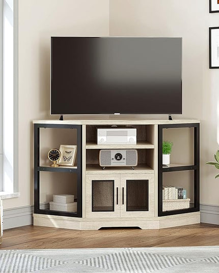 YITAHOME Corner TV Stand for TVs up to 55/50 Inch with Power Outlet, Modern Farmhouse Entertainment Center, Wood TV Media Console with Storage Cabinets Shelves for Living Room, White Oak - LeafyLoom