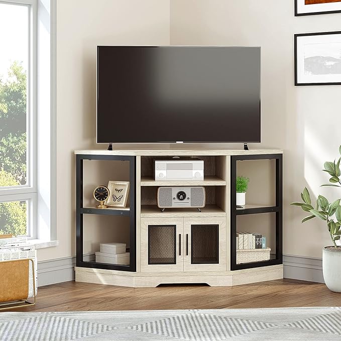 YITAHOME Corner TV Stand for TVs up to 55/50 Inch with Power Outlet, Modern Farmhouse Entertainment Center, Wood TV Media Console with Storage Cabinets Shelves for Living Room, White Oak - LeafyLoom