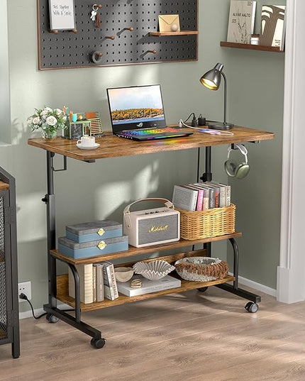32" Height Adjustable Standing Desk with Power Outlets - Manual Rolling Stand Up Desk with Wheels Small Portable Computer Desk Mobile Laptop Table with Storage Shelves for Home Office, Rustic - LeafyLoom