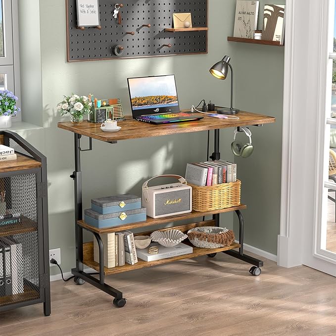 32" Height Adjustable Standing Desk with Power Outlets - Manual Rolling Stand Up Desk with Wheels Small Portable Computer Desk Mobile Laptop Table with Storage Shelves for Home Office, Rustic - LeafyLoom