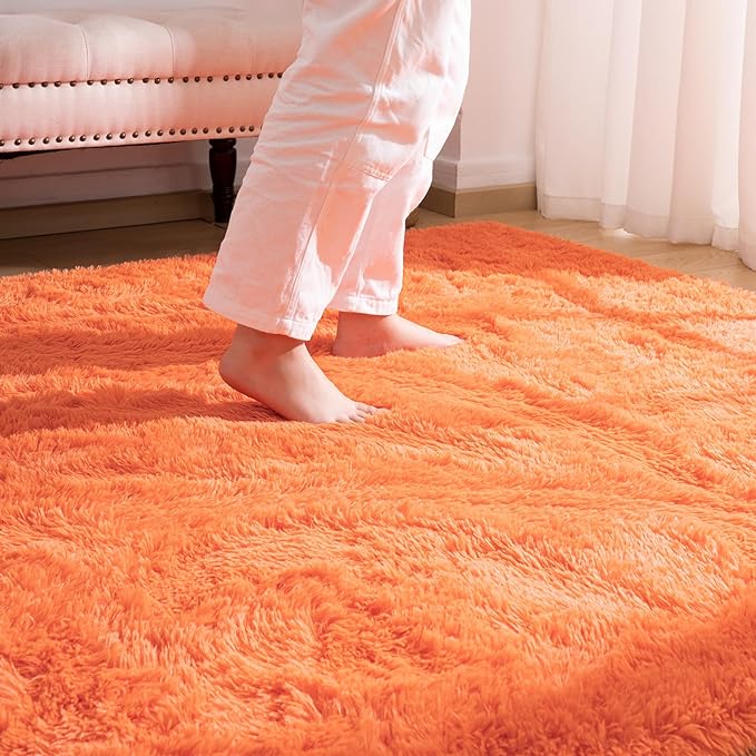 Softlife Area Rug for Living Room, 6x9 Feet Plush Fluffy Rug for Bedroom, Orange Furry Shag Rug for Aesthetic Room Decor, Ultra Soft Modern Fuzzy Faux Fur Carpet for Kids Nursery Room Dorm - LeafyLoom