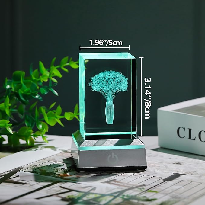 3D Crystal Babys Breath with Colorful Light Base Laser Engraved- Fake Baby Breath Flowers Figurines Statue Laser Engraved - Baby's Breath Room Party Classroom Nature Decor Birthday Mothers Day Valenti - LeafyLoom