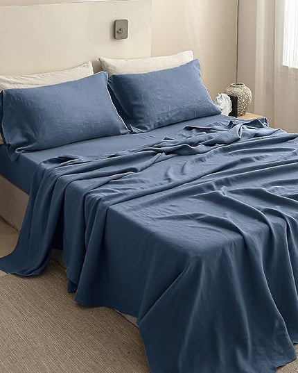 Simple&Opulence 100% Linen Sheet Set Solid Color-3 Pcs Washed French Linen Bed Sheets-Breathable Bedding Set-1 Flat Sheet,1 Fitted Sheet,1 Pillowcase (Twin,Blue) - LeafyLoom