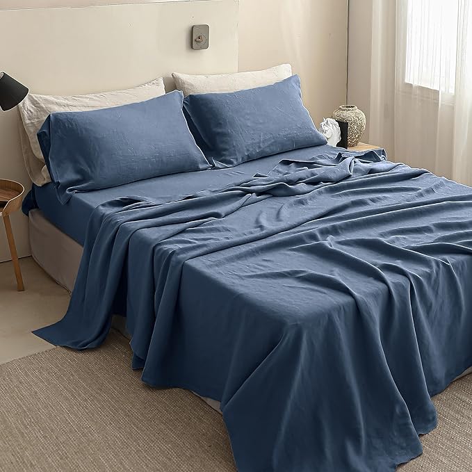 Simple&Opulence 100% Linen Sheet Set Solid Color-4 Pcs Washed French Linen Bed Sheets-Breathable Bedding Set-1 Flat Sheet,1 Fitted Sheet,2 Pillowcases (Full,Blue) - LeafyLoom