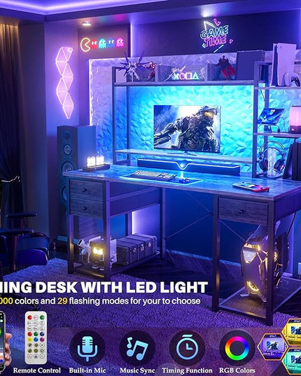 Aheaplus Desk with LED and Outlets, Gaming Desk with Hutch, 47.2'' Computer Desk with Drawers, Reversible office desk with storage bookshelf Large Workstation Desk with Shelf, Desk for Home, Black Oak - LeafyLoom