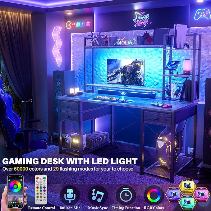 Aheaplus Desk with LED and Outlets, Gaming Desk with Hutch, 47.2'' Computer Desk with Drawers, Reversible office desk with storage bookshelf Large Workstation Desk with Shelf, Desk for Home, Black Oak - LeafyLoom